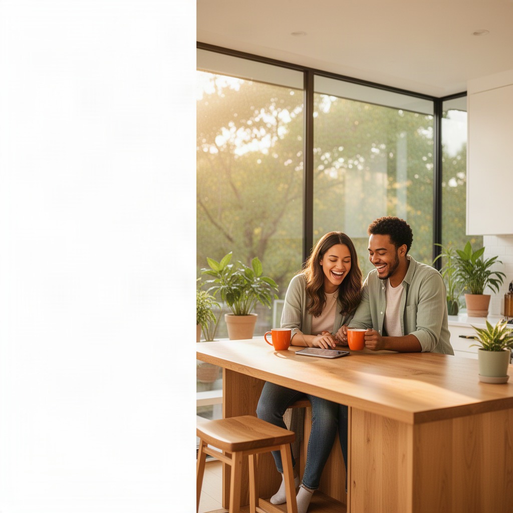 Canvas Credit Union member reviewing account options on a laptop at a bright kitchen table